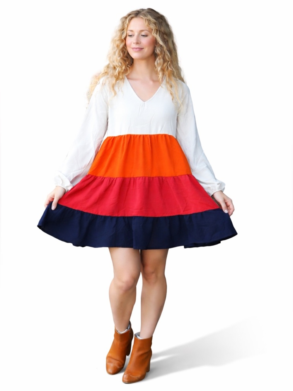 Boutique Colorblock Babydoll Dress Tiered Boho Fall Long Sleeve Size L NEW